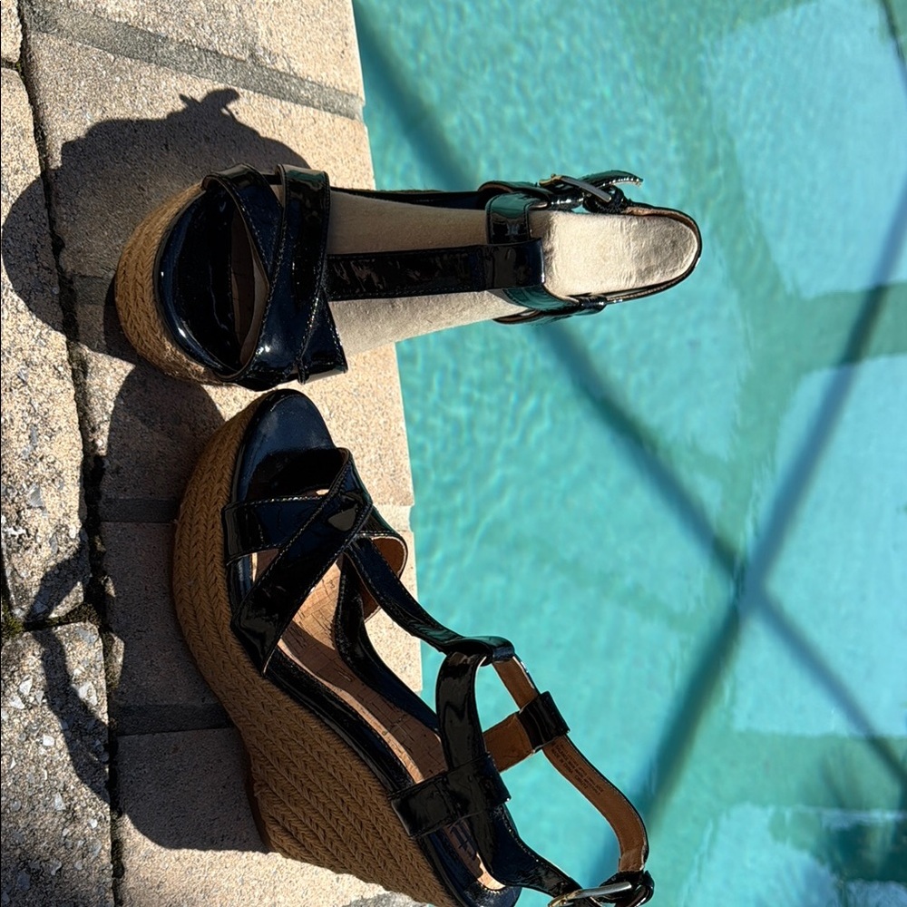 Sofft Black and Tan Wedges with Strappy Ankle Design
